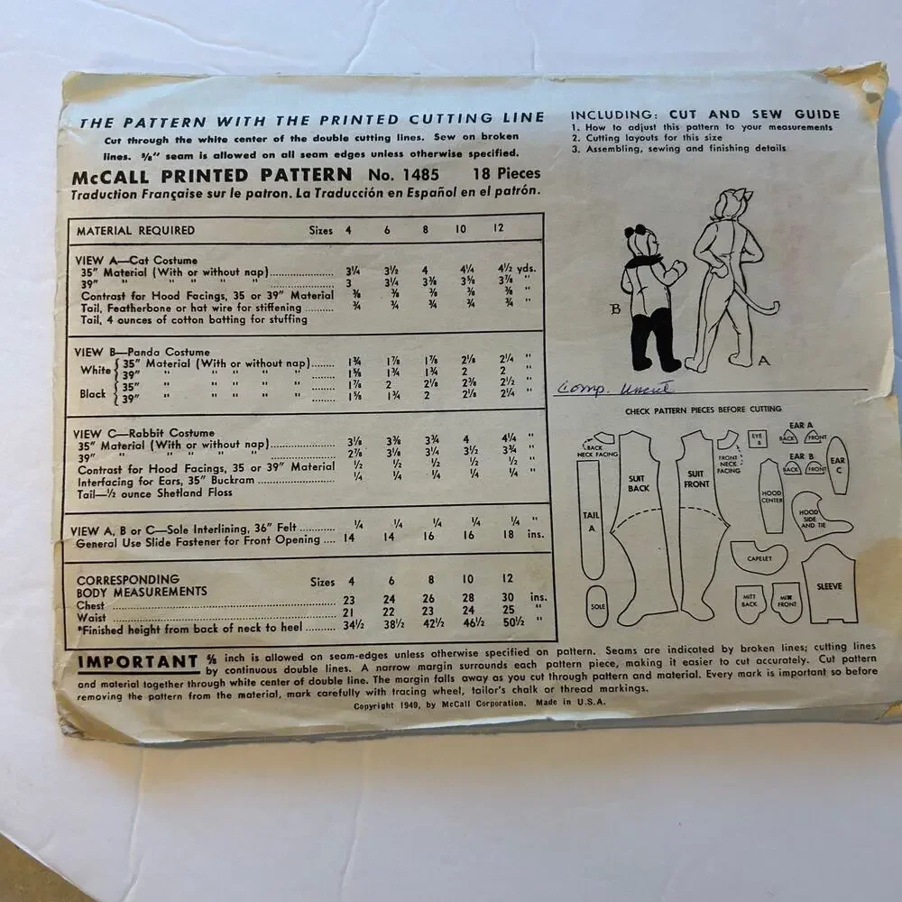 McCalls Vintage 1940's Pattern #1485 Kids‎ Costumes Cat, Panda, Rabbit Size 10